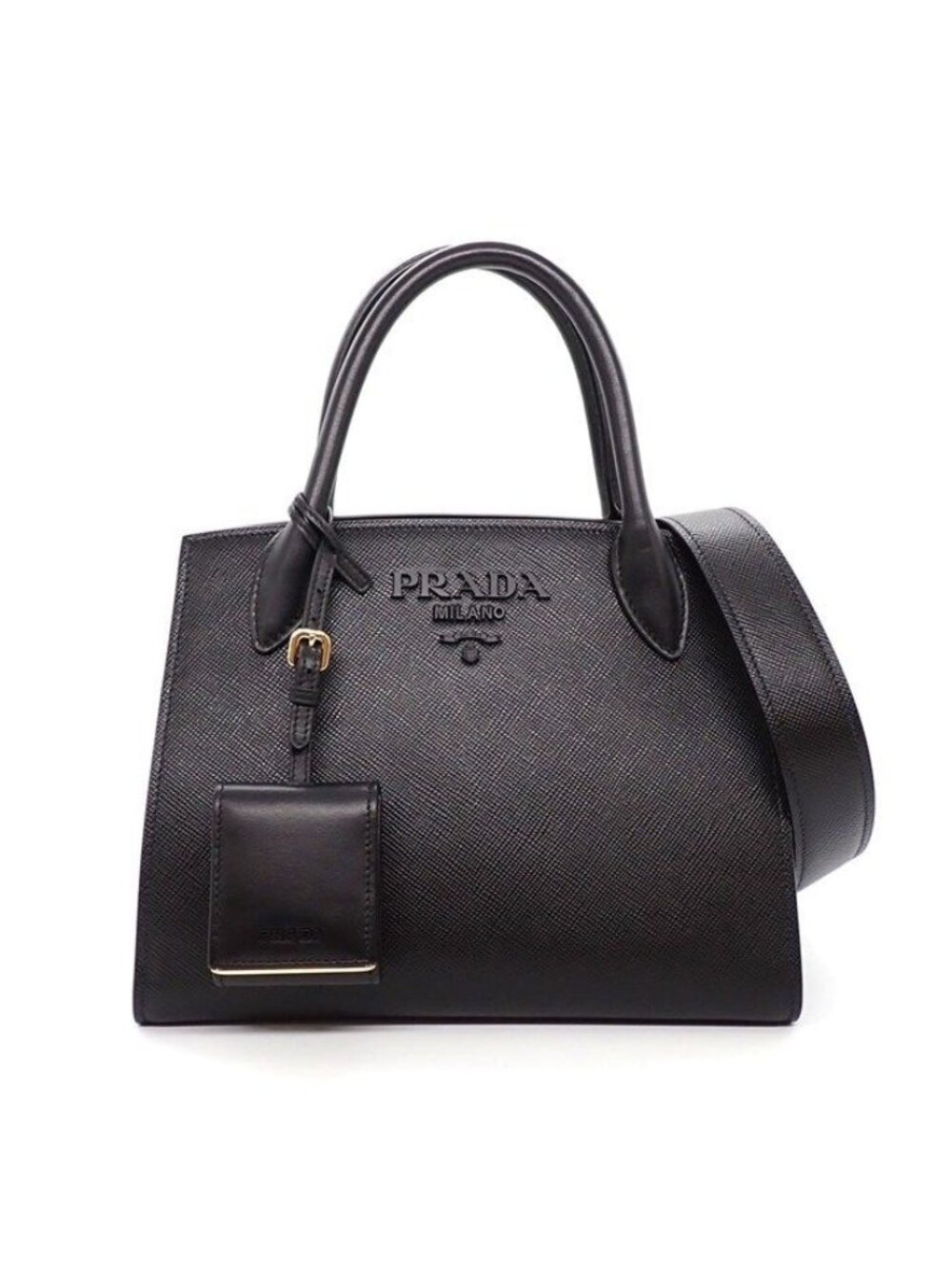 Prada Shoulder Bag Monochrome Small Nero Saffiano Cuir Leather Gold